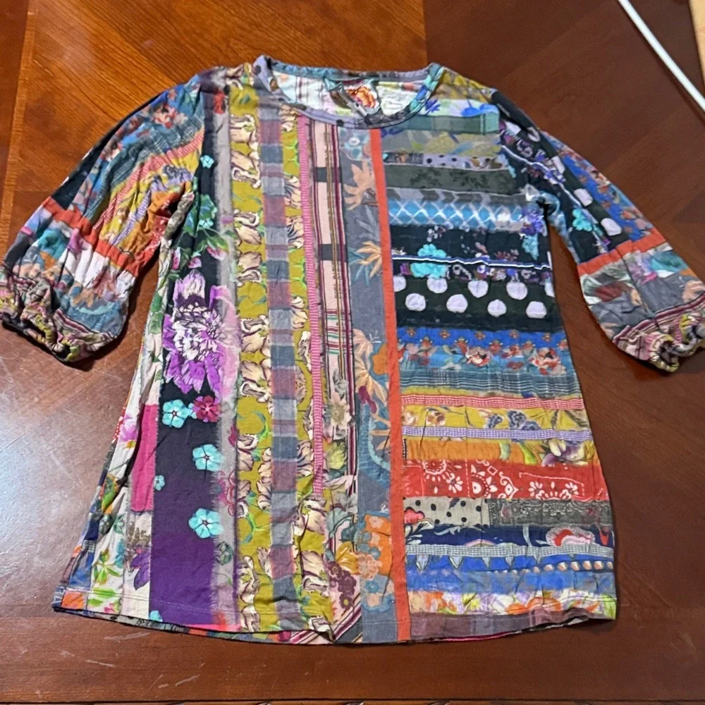Johnny Was Multicolor sonnet patchwork puff sleeve Floral Geometric Top Sz XS